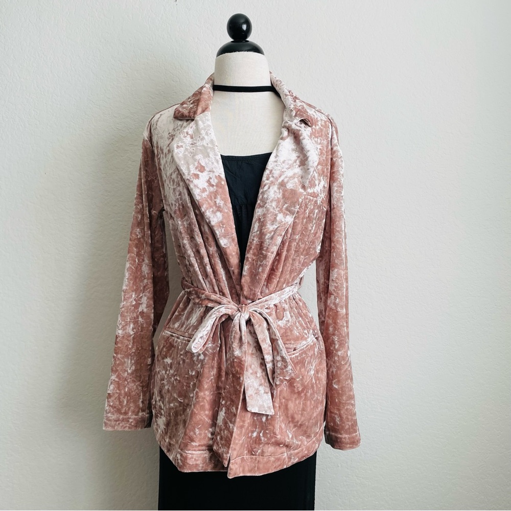 Chelsea 28 Pink Velvet Open-Front Belted Blazer Jacket Coat - Picture 2 of 14